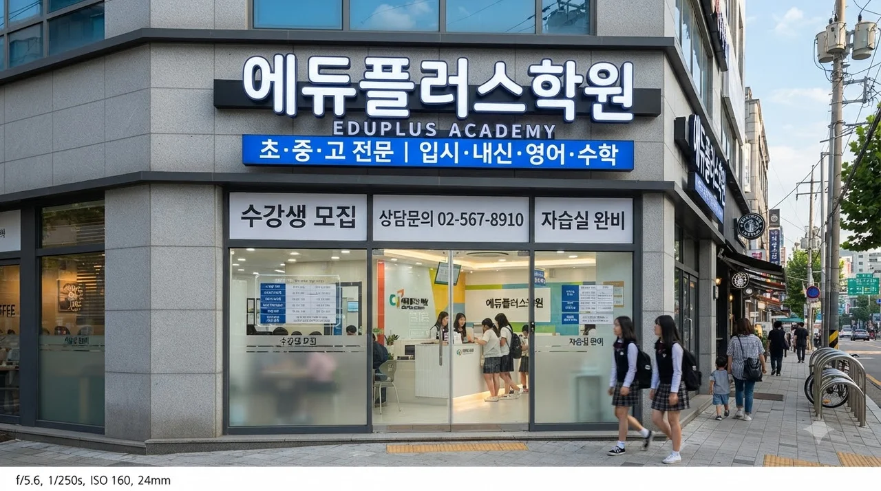 원생 모집을 부르는 외부 간판 및 인테리어필름 연출