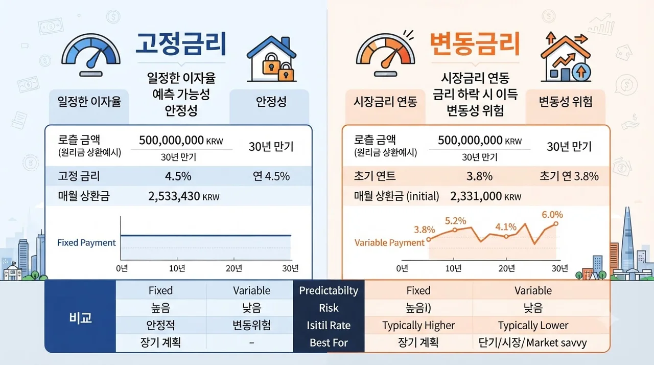 5억원 대출 시 고정금리 vs 변동금리 이자 금액 비교